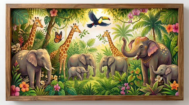 Vibrant jungle scene with elephants, giraffes, and exotic birds in a lush tropical environment
