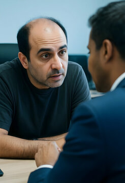 Business meeting and collaboration, two men discussing strategy and partnership in a corporate office setting