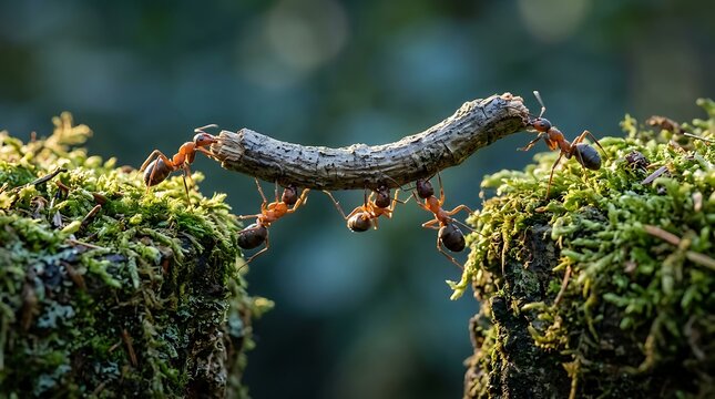 Group of ants working together to carry a twig across mossy stumps