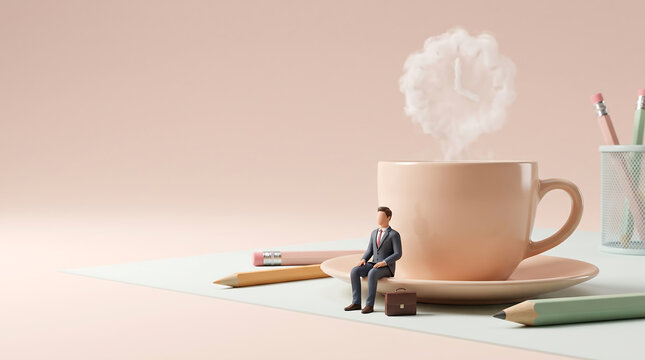 Tiny businessman sitting on a saucer next to a coffee cup