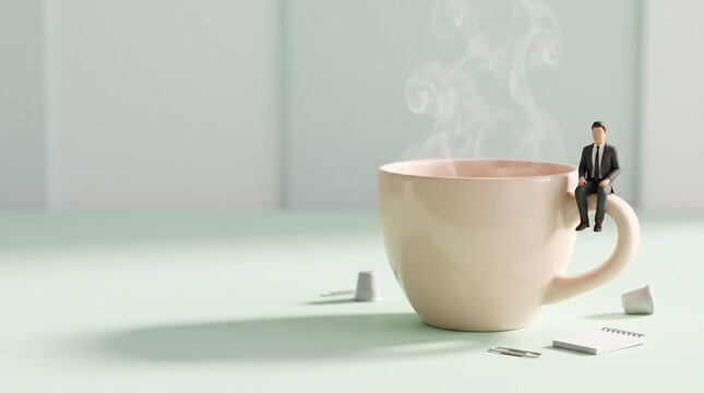 Tiny businessman sitting on the handle of a steaming coffee cup