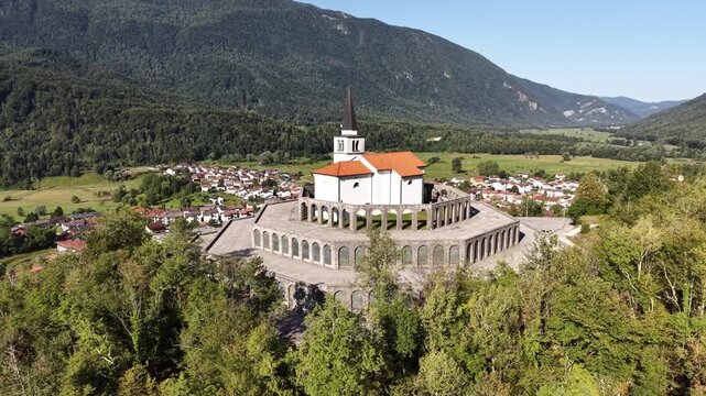 Drone shot of the Italian Charnel House ossuary in Kobarid, Slovenia