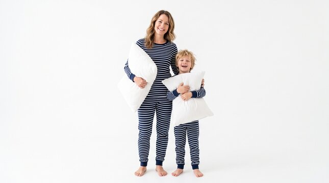 Mother and son in matching striped pajamas holding pillows and smiling on a white background