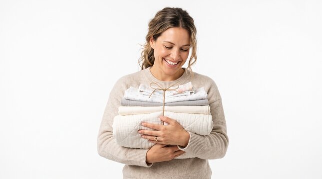 Smiling woman holding a stack of neatly folded baby blankets and sheets tied with twine
