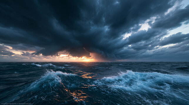 Dramatic Storm Clouds and Rough Waves at Sea During Sunset