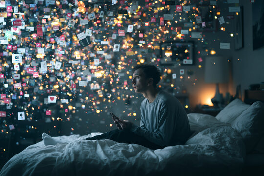 Man in Bed Overwhelmed by Glowing Social Media Notifications