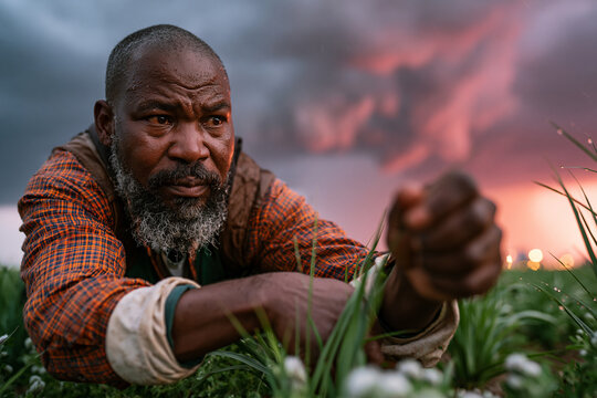 Concerned Farmer Inspecting Crops Under Dramatic Stormy Sky