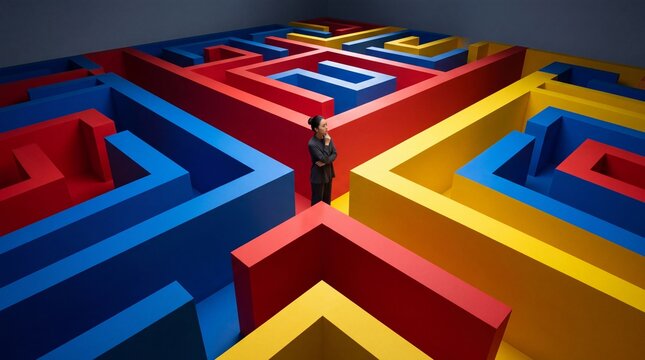 Businesswoman Thinking at Crossroads in Colorful Maze