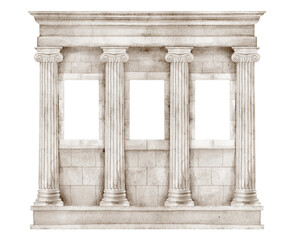 Roman colonnade watercolor illustration with classical stone columns and architectural details isolated on background. Ancient clipart with ionic pillars for historical and Mediterranean designs. © Alisles