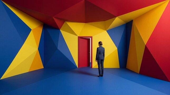 Businesswoman Standing Before Open Door in Abstract Geometric Room