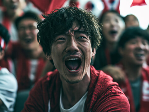 Emotional Asian Fan Cheering and Shouting at Sports Stadium