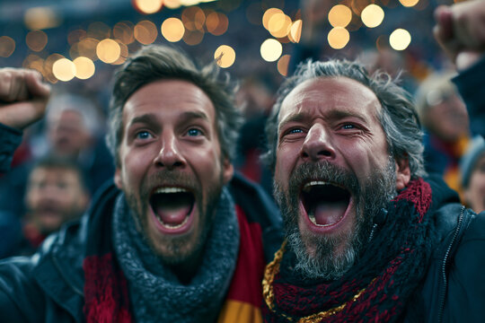 Ecstatic Soccer Fans Cheering and Celebrating at Stadium
