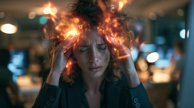 Stressed Businesswoman Suffering from Severe Headache and Burnout