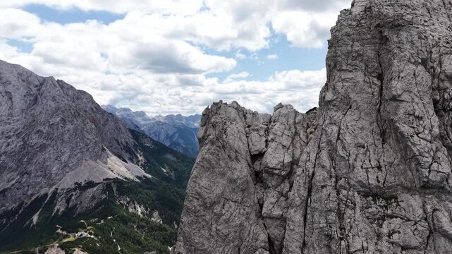 Aerial view of the Julian Alps mountain peaks near Kranjska Gora, Slovenia