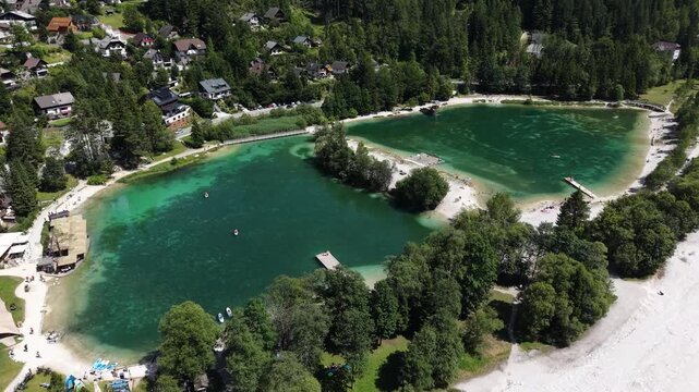 Flight over Lake Jasna (Jezero Jasna) near Kranjska Gora, Slovenia