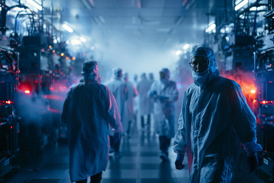 Engineers in Cleanroom Protective Suits in Semiconductor Manufacturing Facility