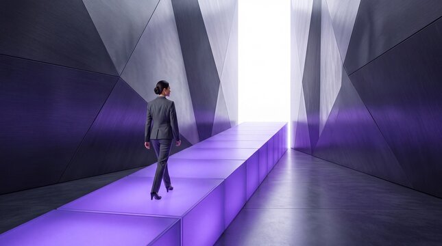 Businesswoman Walking on Illuminated Pathway Toward Light