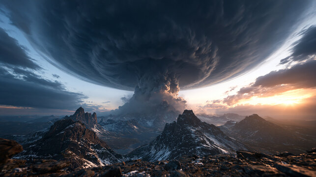 Massive Storm Cloud and Natural Disaster Over Mountain Range