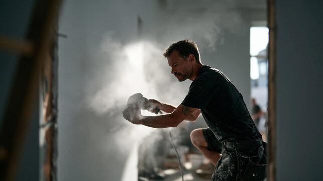 Male Contractor Grinding Wall During Interior Home Renovation