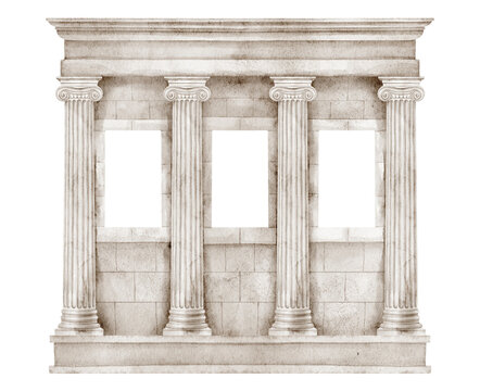 Roman colonnade watercolor illustration with classical stone columns and architectural details isolated on background. Ancient clipart with ionic pillars for historical and Mediterranean designs.