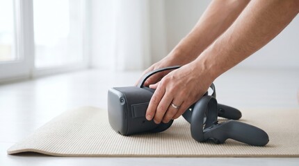 Fototapeta premium Man placing a virtual reality headset and controllers onto a beige yoga mat on the floor