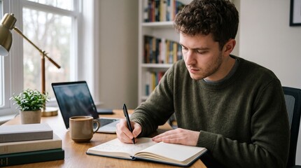 Obraz premium Young man writing in notebook at desk with laptop and coffee