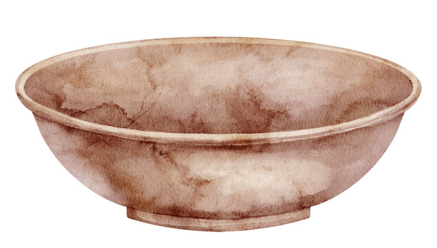 Ceramic bowl watercolor illustration. Art of a rustic handmade earthenware dish isolated on background. Mediterranean tableware clipart for food, kitchen, dining, pottery and traditional designs.