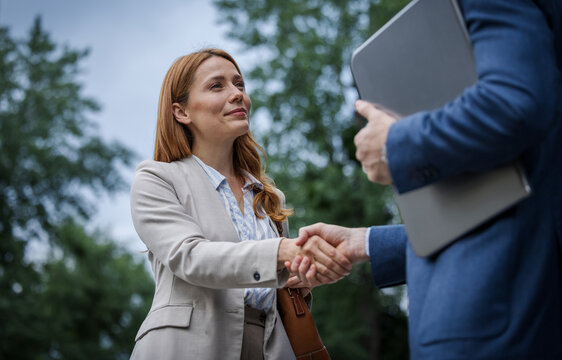 Business meeting in a park setting