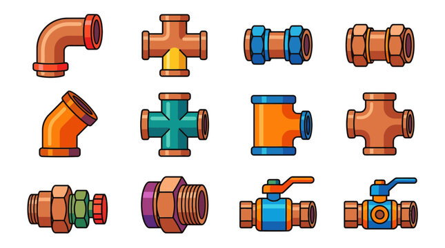 Plumbing pipe fittings and metal valve icons.