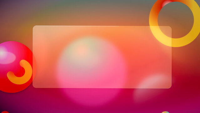 Frosted glass rectangle with 3d render spheres and rings on gradient
