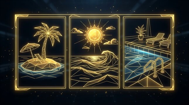 Golden wireframe summer vacation icons, glowing low poly beach and pool scenes, luxury digital travel illustrations