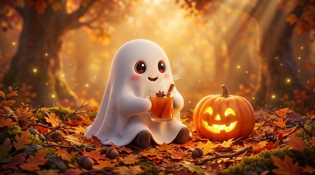 A very cute and sweet cartoon ghost made from a sheet. Beneath its feet lies a large Halloween-style pumpkin, and the ghost is drinking a beverage from the pumpkin