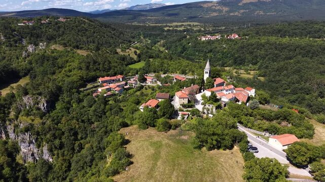 Drone footage of St Cantius Church in Skocjan village, Slovenia