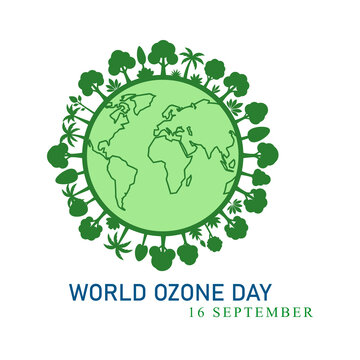 World ozone day 16 september green circular earth globe with tree ring and leaf wreath badge