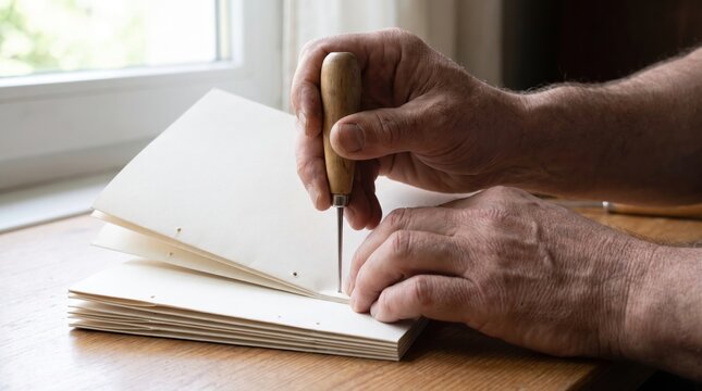 Bookbinder using an awl to punch holes in the spine of a paper signature on a wooden desk