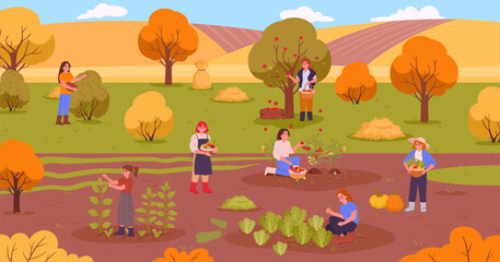 Naklejka premium Autumn farm scene. Farmers working among harvesting fields, trees and cultivated soil in colorful countryside flat vector illustration. Harvest agriculture landscape