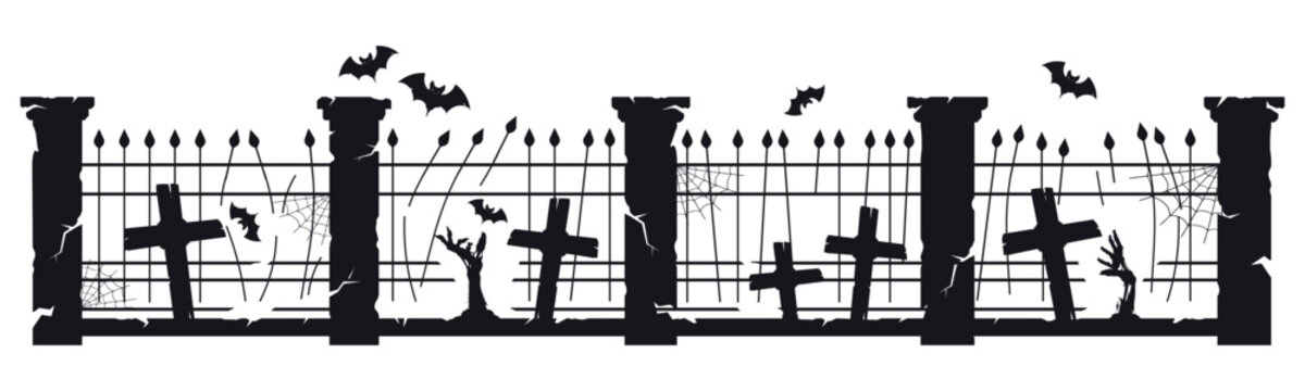 Cemetery fence silhouette. Gothic iron graveyard border with tombstones, crosses and bats flat vector illustration. Halloween horror decoration isolated on white background
