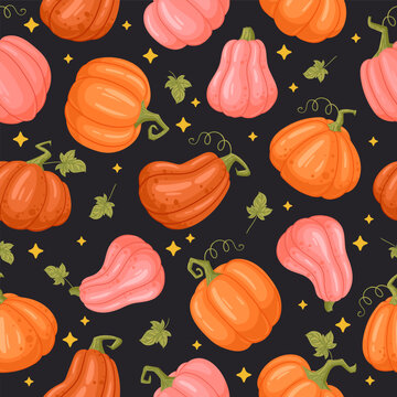 Cute pumpkin pattern. Pink and orange pumpkins with leaves and golden stars on dark flat vector illustration. Festive autumn repeat design