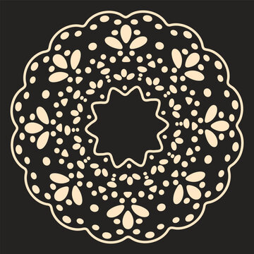 Floral lace medallion. Round cream crochet doily with layered flower patterns and scalloped edge flat vector illustration. Decorative vintage ornament