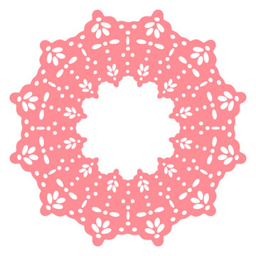 Floral doily. Round lace wreath with dense flower motifs and scalloped edges flat vector illustration. Decorative feminine ornament isolated on white background