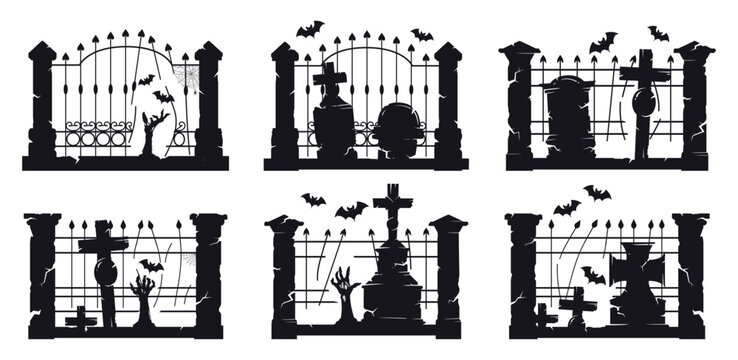 Gothic cemetery fence collection. Black graveyard scenes with iron fences, crosses, bats and tombstones flat vector illustration set. Spooky Halloween silhouettes isolated on white background