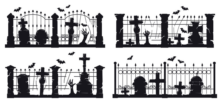 Haunted cemetery fence silhouettes. Gothic graveyard gates, tombstones, bats and crosses in different scenes flat vector illustration set. Halloween horror graphics isolated on white background