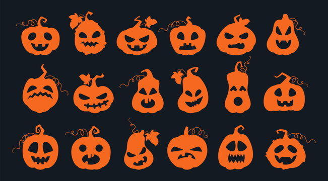 Halloween pumpkin faces. Orange jack o lantern expressions in different carved styles flat vector illustration set. Spooky holiday icons