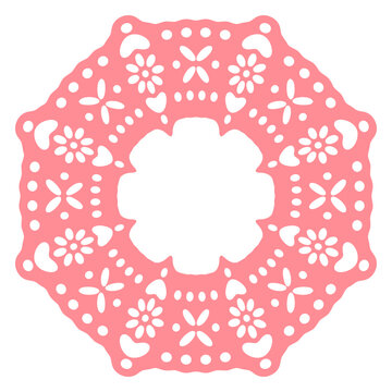 Pink lace wreath. Round crochet floral ornament with delicate flowers and openwork details flat vector illustration. Feminine decorative frame isolated on white background