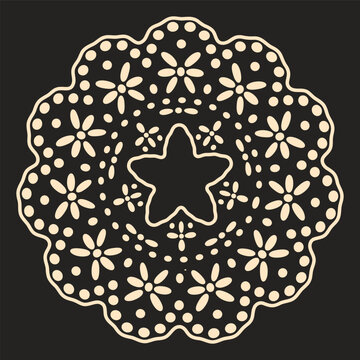Round floral crochet doily. Cream lace ornament with flower motifs and star shaped center flat vector illustration. Vintage table decoration