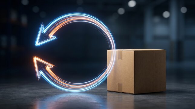 Cardboard box with glowing circular arrows indicating logistics and delivery process