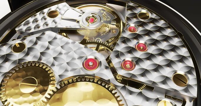 Macro view of luxury swiss watch movement showing gears and ruby jewels.