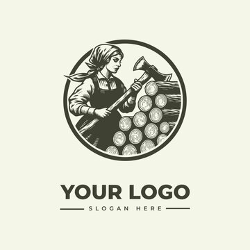 Vintage style illustration of a woman lumberjack holding an axe with a stack of logs.
