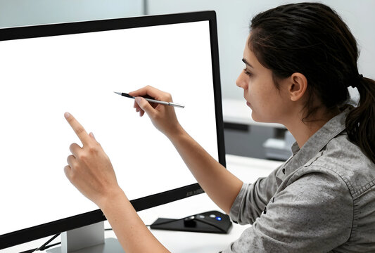 Digital interaction and online learning, woman pointing and writing on a blank computer screen with a stylus pen
