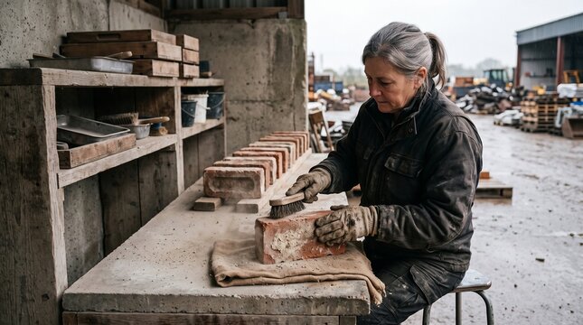Mason cleans reclaimed bricks for circular construction